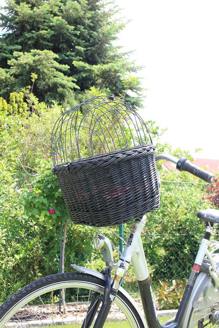 Hundefahrradkorb für Fahrradlenker aus Weide mit Metallgitter und Kissen in Schwarz Lenkrad Weidenko