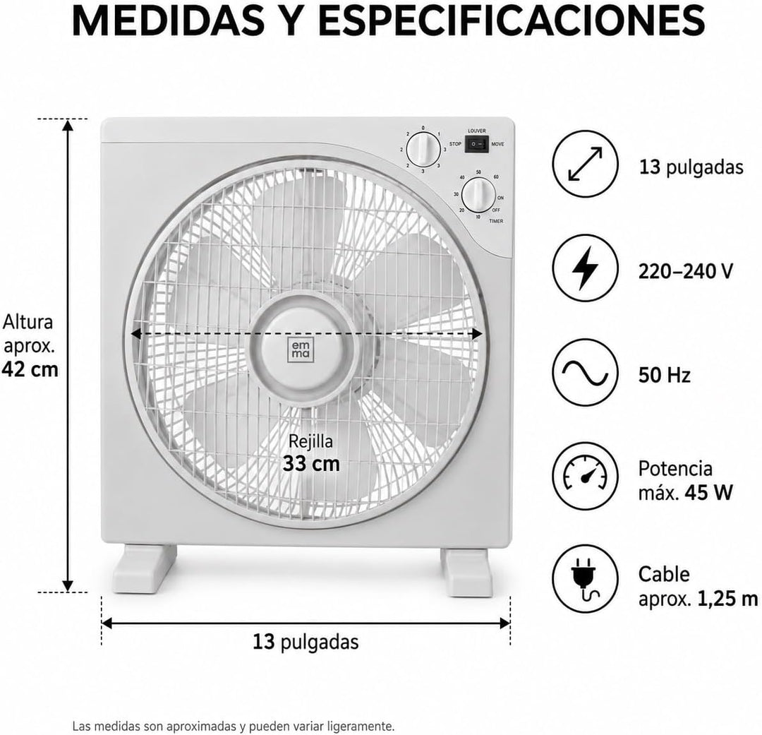 Quadratischer Tischventilator, 45 W, 33 cm, 3 Geschwindigkeiten, Rotationsgitter, Timer 60 min, Kipp