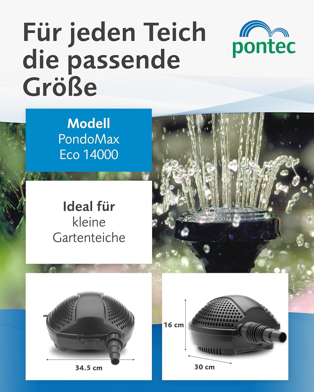 Pontec PondoMax Eco 5000 Bachlaufpumpe, 50855, Schwarz, 5.000 l/h, Förderung von Grobschmutz bis zu