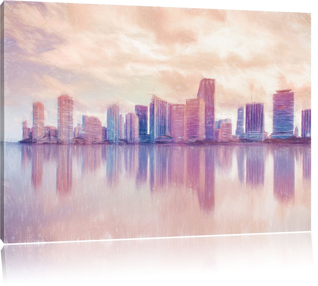 Pixxprint Miami Florida Skyline / 100x70cm Leinwandbild bespannt auf Holzrahmen/Wandbild Kunstdruck