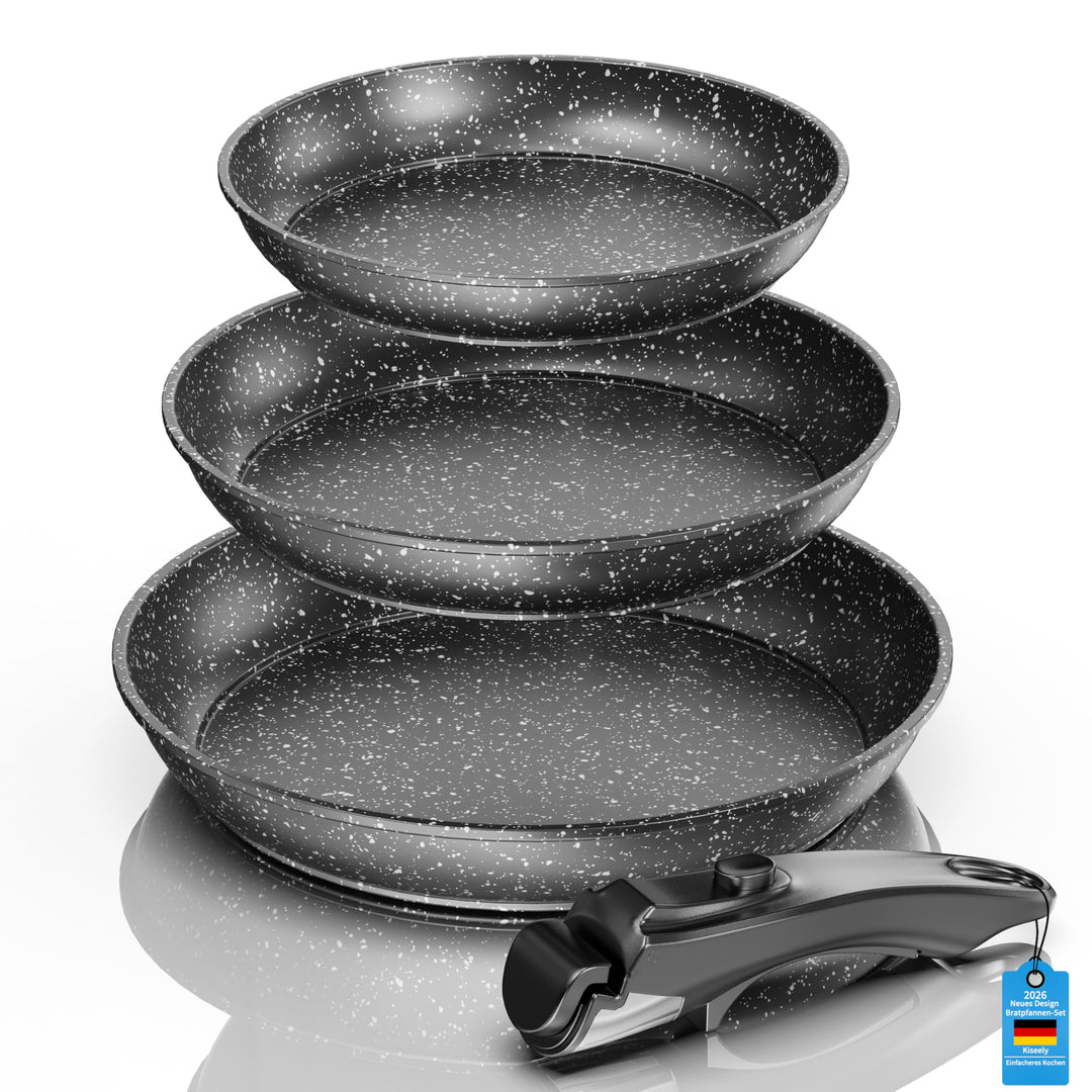 Kiseely Pfannenset mit Abnehmbarer Griff,Bratpfanne mit Antihaft beschichtung,Cool-Touch Handles Sui