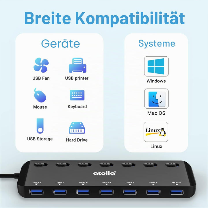 USB HUB, atolla USB Verteiler mit 7 USB3.0 Ports, Mehrfach USB 3.0 Daten Hub mit 100cm Erweitert Kab