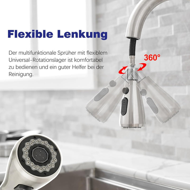 Wasserhahn Küche, Edelstahl, Hochdruck Küchenarmatur mit Herausziehbarer Brause Ausziehbar Armatur,
