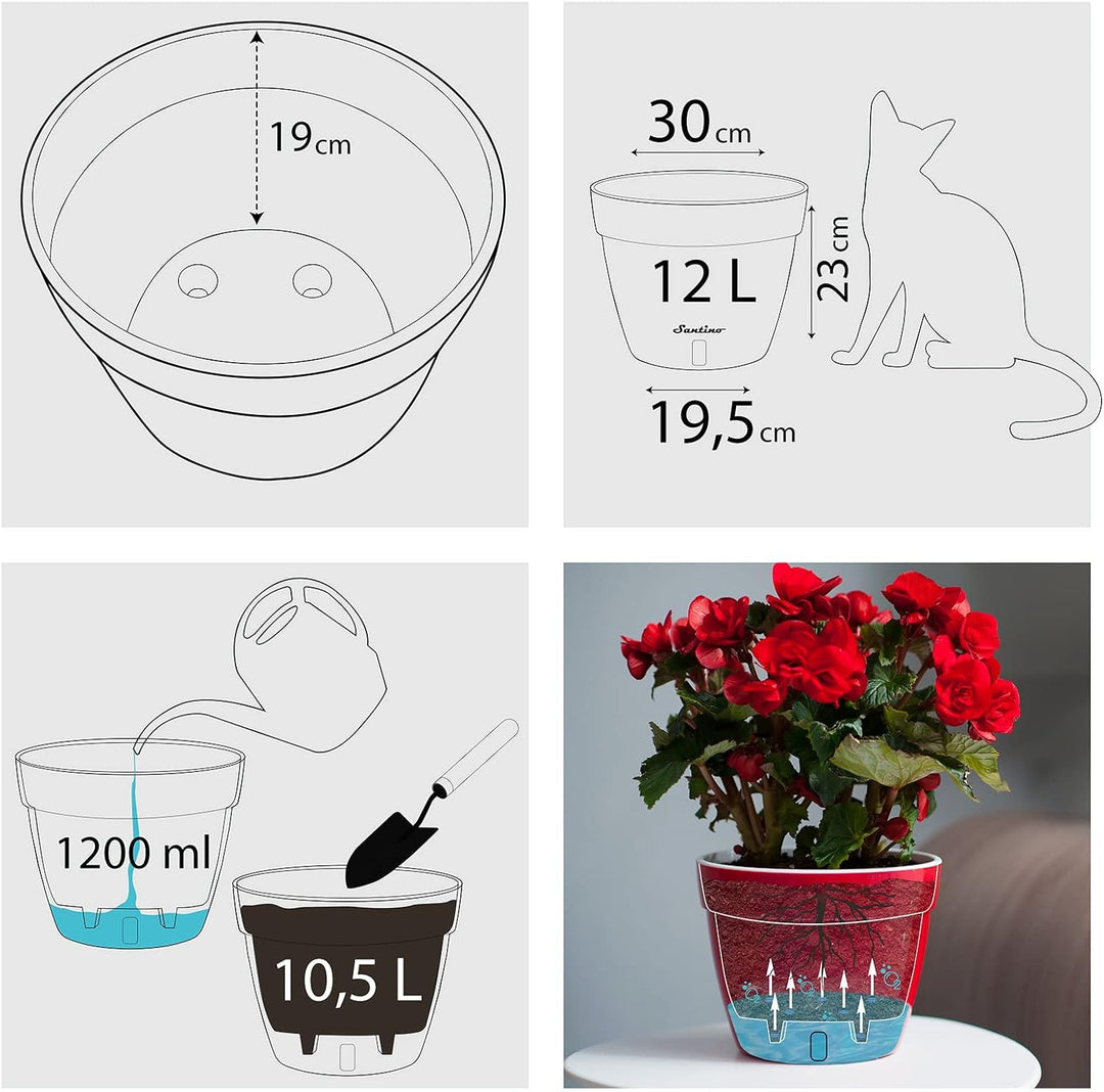 Santino ASTI 3er Set 30CM Selbstwässernder Blumentopf mit Wasserstandsanzeiger für Anlagen, Blumen,