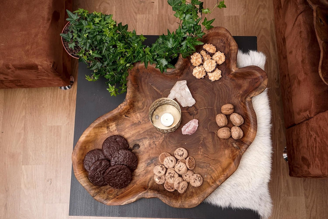 Windalf Grosse Servierplatte Leona 52 cm Buffet Holzplatte Natur Holzschale Cateringplatte Handarbei