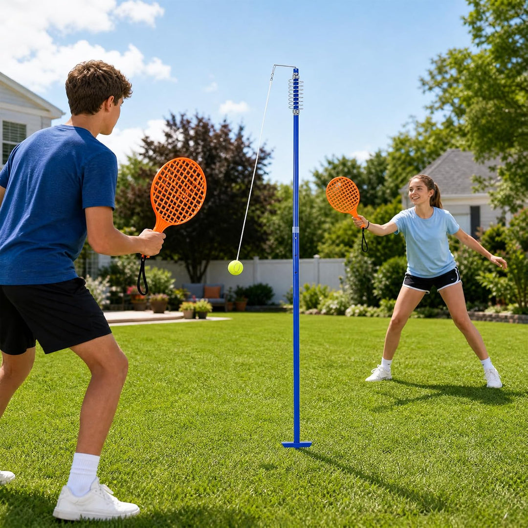 GYMAX Tetherball Set, 3-stufig höhenverstellbares Twistball Set, inkl. 1 Tennisball &amp; 2 Schlägern &amp;