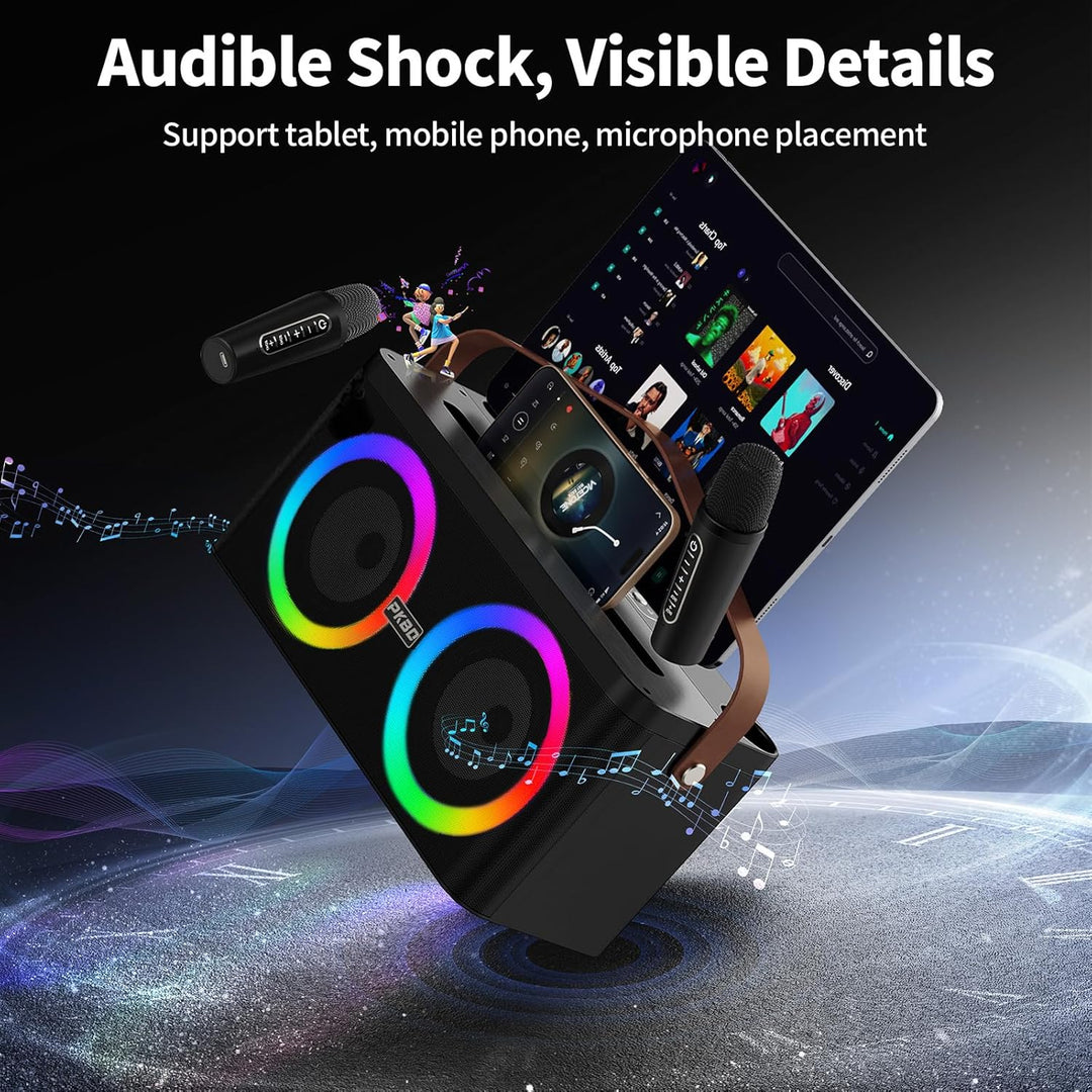 Karaoke Maschine mit Telefon-/Pad-Halterung, Tragbarer Bluetooth-Lautsprecher mit 2 kabellosen Mikro
