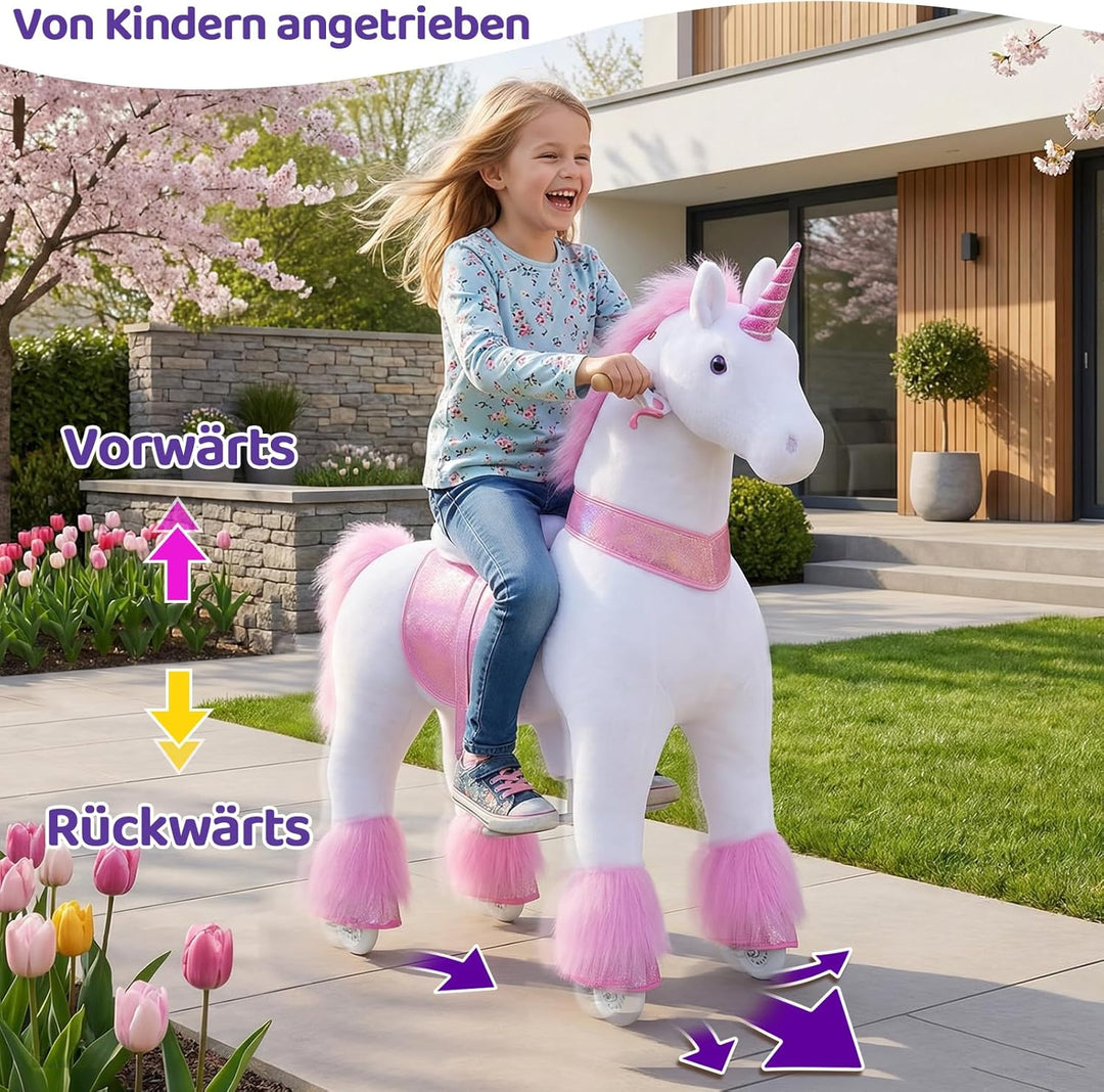PonyCycle Einhorn zum Reiten, für Erwachsene/Kinder ab 7, 76cm Hoch, Einhorn auf Rollen mit Handbrem