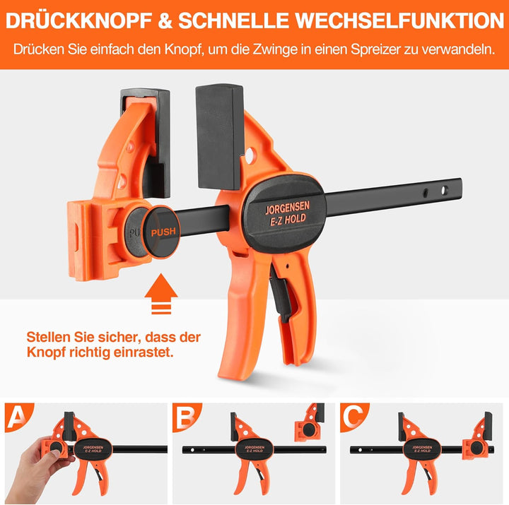 JORGENSEN Einhandzwingen 4 Stück, Profi Schraubzwingen Set 2 in 1 kombinierbar zum Spannen Dehnen, S