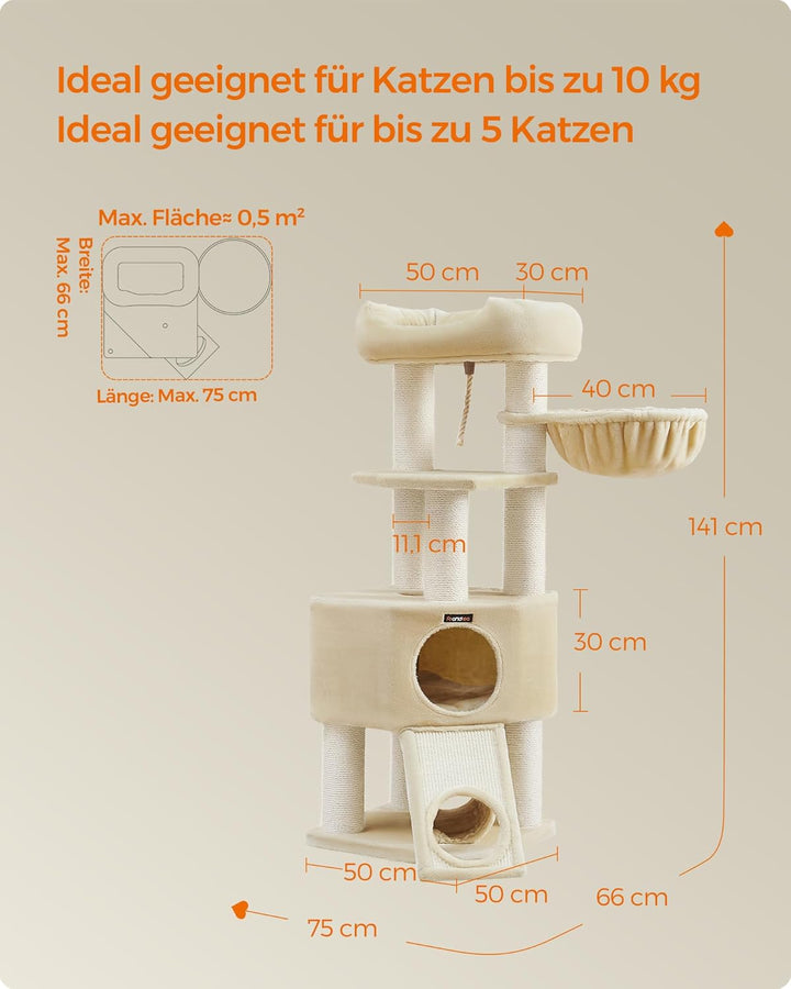 Feandrea Grosser Kratzbaum, M Katzenbaum, mit Höhle, Hängematte, Plüschplattform, Tunnel, Sisalstämm