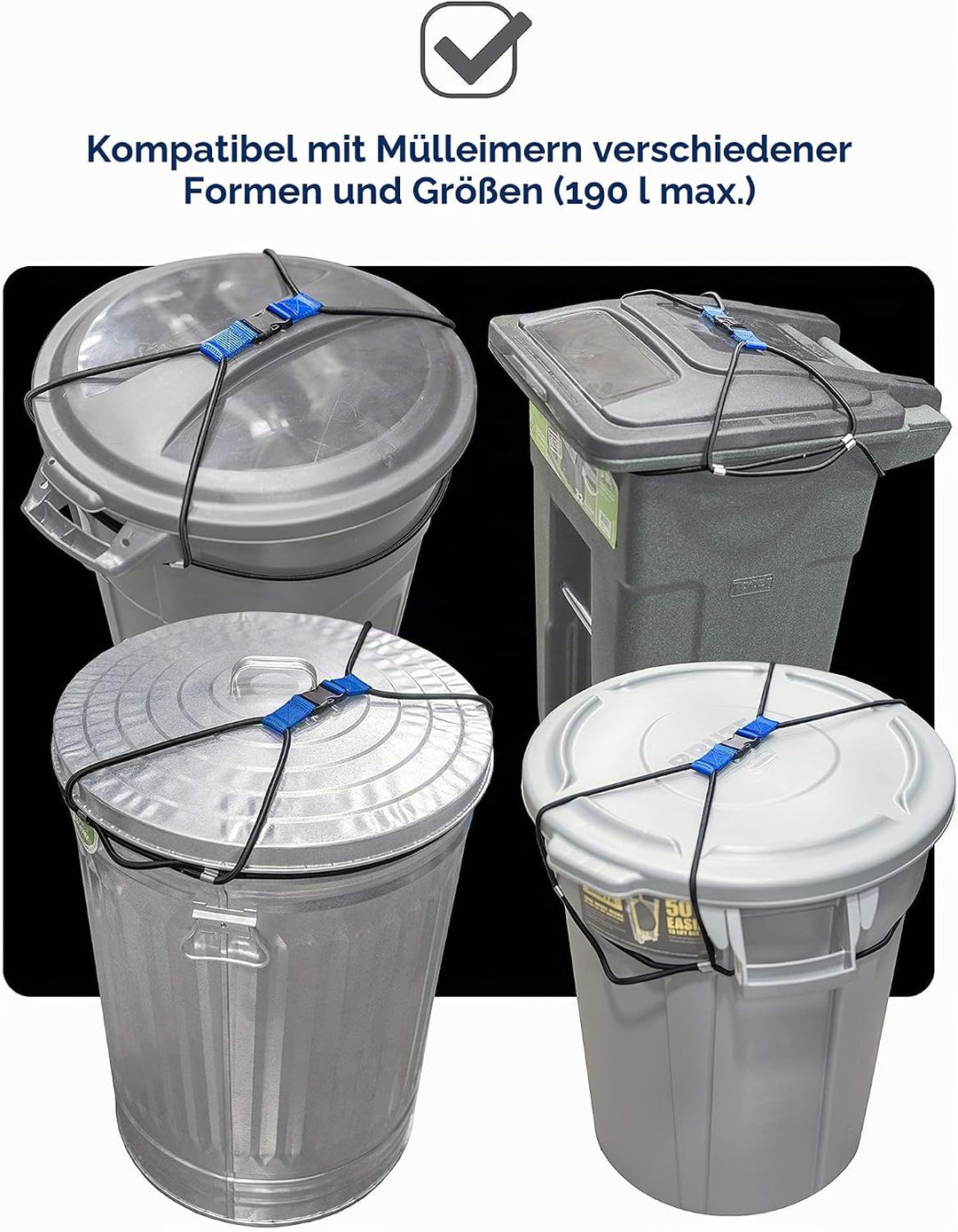 Encased Mülltonnenschloss für Mülltonne mit abnehmbarem Deckel, Bungee-Schnur, strapazierfähiges Nyl