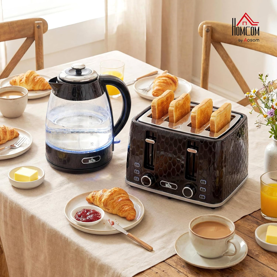 HOMCOM Wasserkocher Toaster Set, 1,7L 2200W Schnellkoch-Wasserkocher mit Kalkfilter, 4-Scheiben-Toas