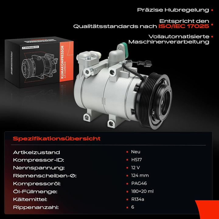 Frankberg Klimakompressor Klimaanlage Kompatibel mit Highway 2.0L 2001-2004 Santa Fé I SM 2.0L 2.4L