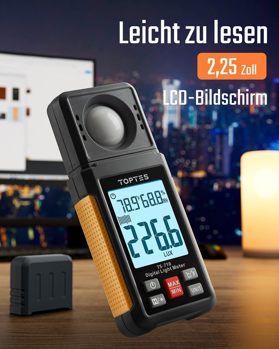 TopTes TS-710 Luxmeter mit 180º drehbarem Sensor, 0-200.000 Lux Lichtmessgerät mit Grosses Backlit L