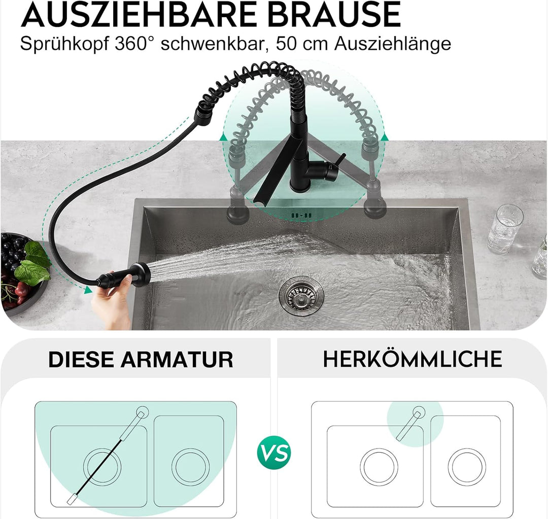 CREA 3 Wege Spiralfeder Küchenarmatur, Trinkwasserhahn Küche mit Brause ausziehbar, Wasserhahn Armat