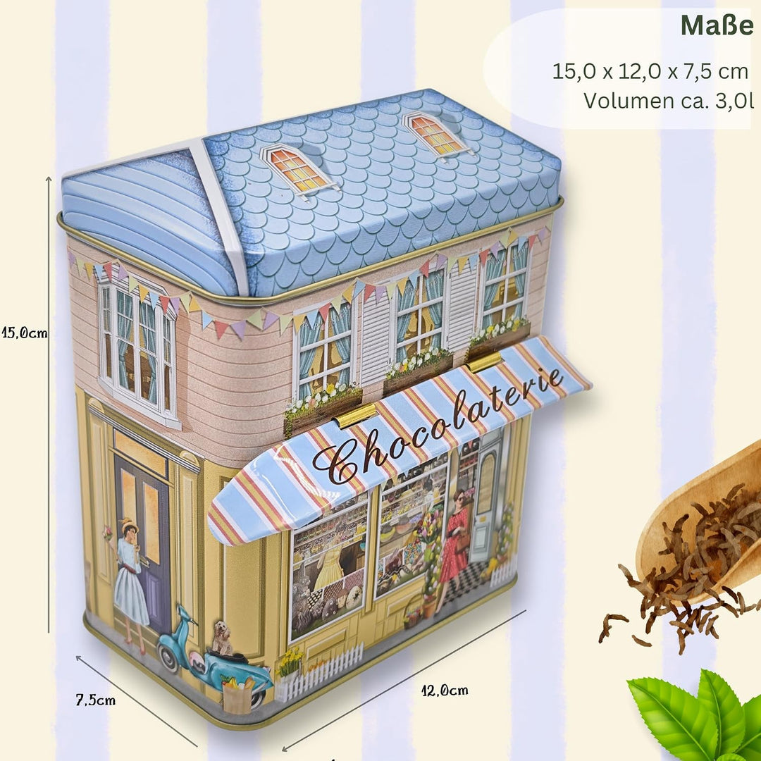 MediMuc Kleines Haus Chocolaterie mit Vordach - Dose, Gebäckdose, Geschenkdose, Sammlerdose - Volume