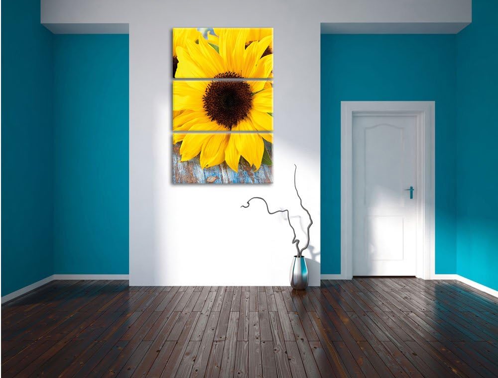 Pixxprint Sonnenblumen auf Holztisch als Leinwandbild/Grösse: 3 Teilig (120x80) / Wandbild/Kunstdruc