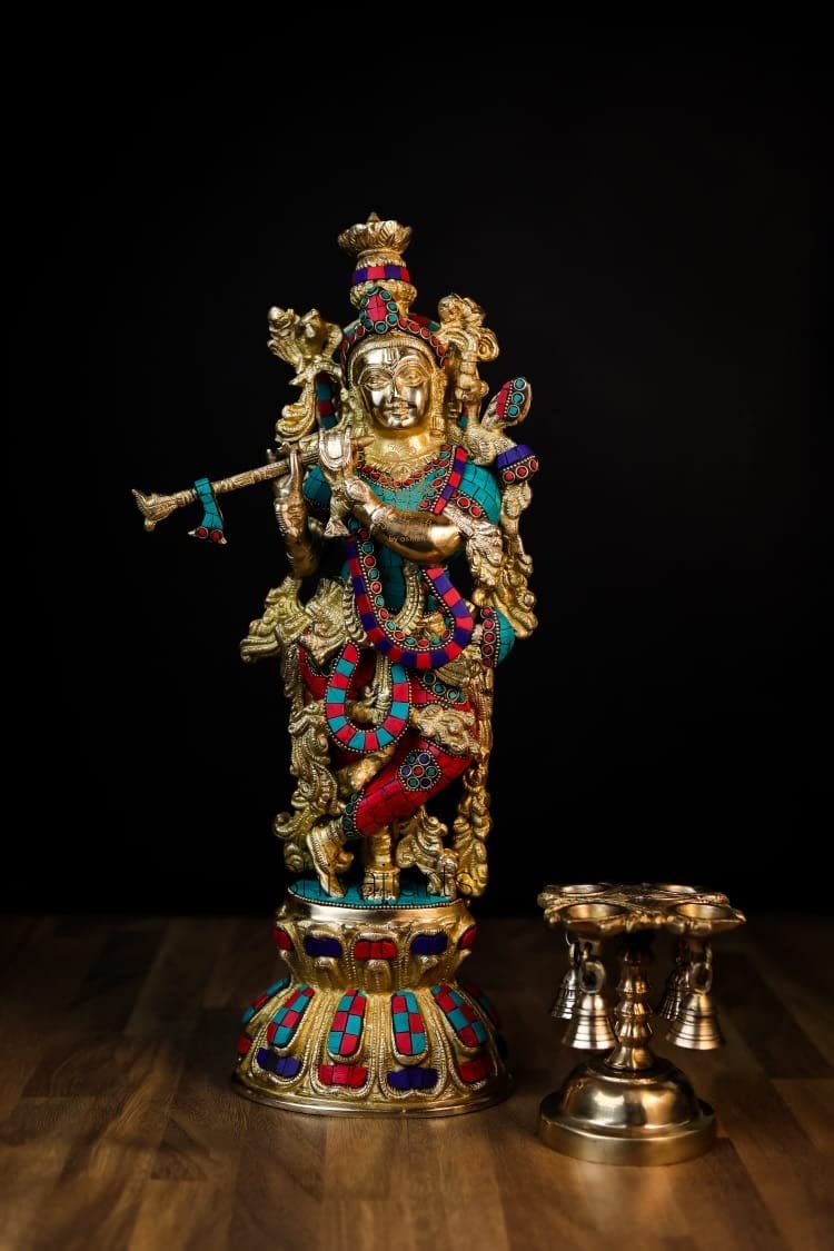 SHIVAJI ARTS Krishna Statue, gross, aus Messing, 45 cm, Lord Krishna Skulptur für Zuhause, Altar, Te