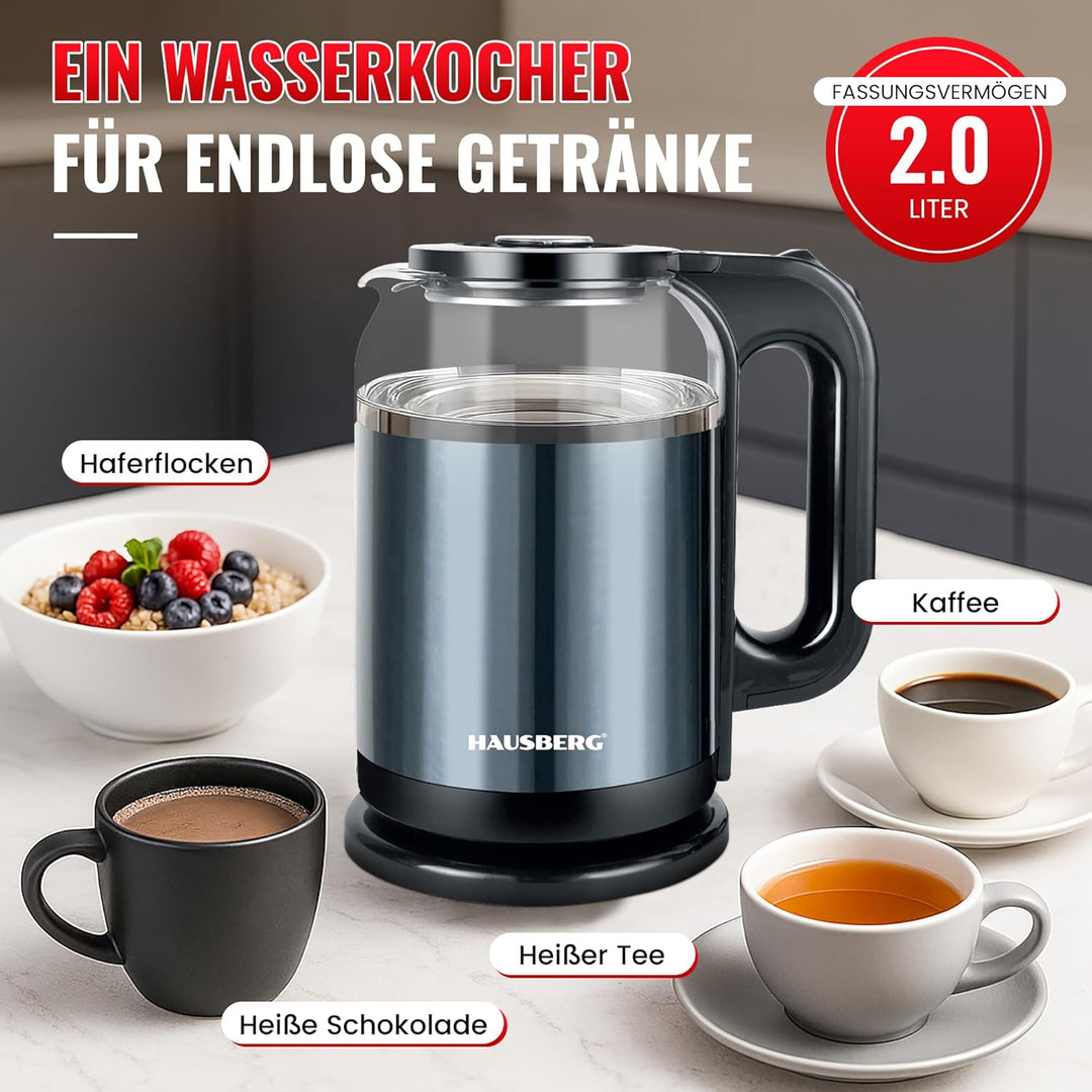 Wasserkocher 2L – Edelstahl & Glas – 1800W, Kabellos, mit LED-Beleuchtung – Automatische Abschaltung