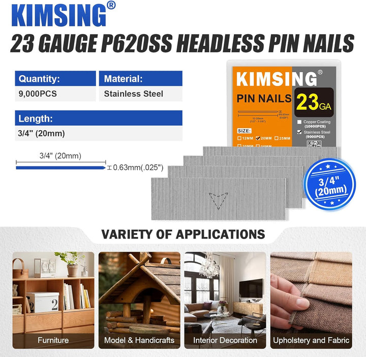 KIMSING 23 Gauge Edelstahl Micro Pin Nägel 9.000 Stück/Box, 3/4 Zoll (20 mm) kopflose Stifte passend