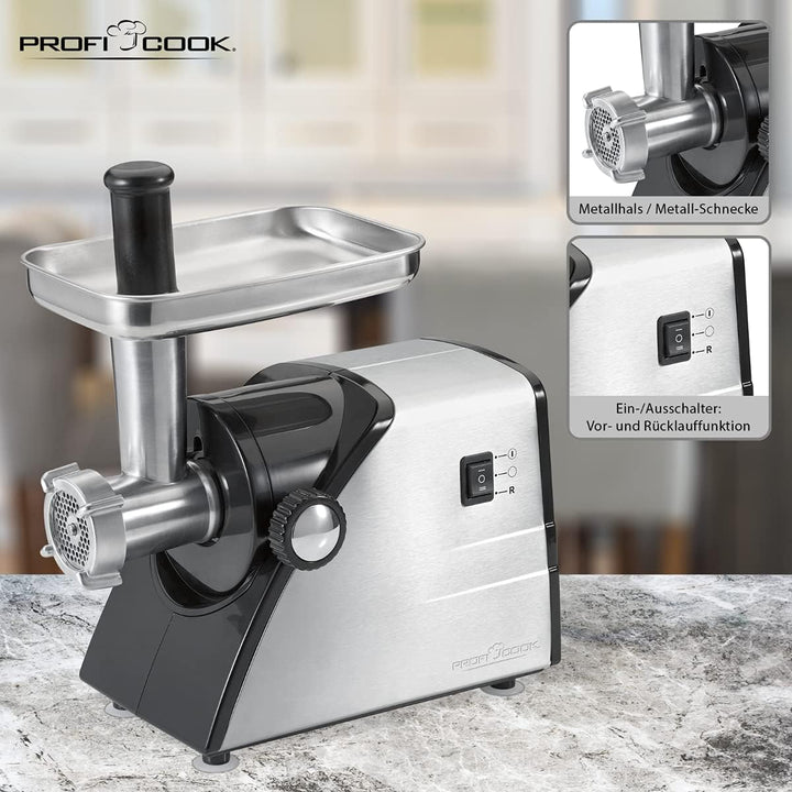 Profi Cook PC-FW 1060, Elektrischer Fleischwolf, Für Fleisch, Wurst und Spritzgebäck, mit Wurstfülle