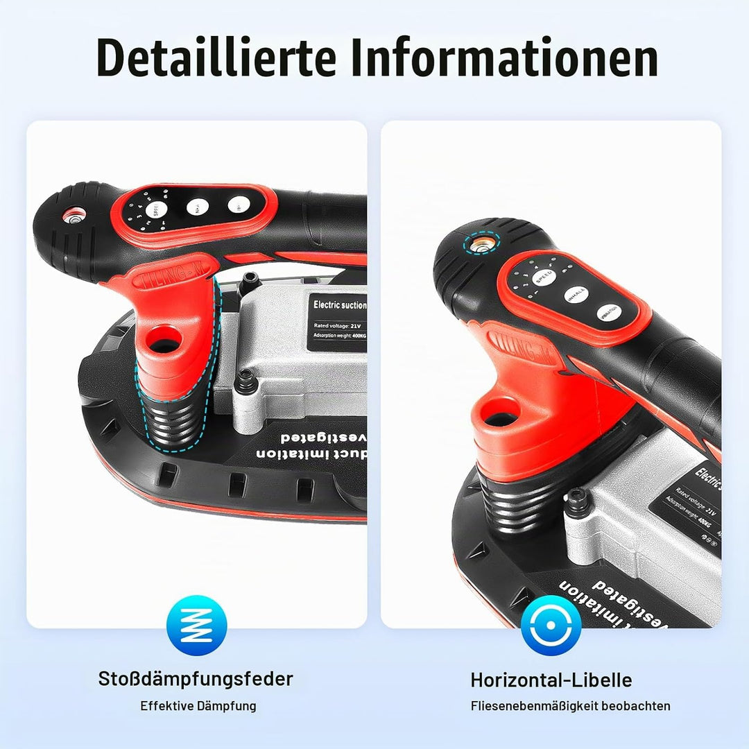 21V Fliesen Vibrationsgerät mit 2 Akkus 6 Gänge Profi Elektro Rüttler 13000 U/min 280mm Saugnapf für