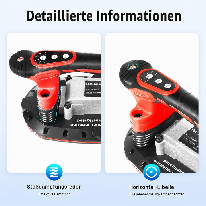 21V Fliesen Vibrationsgerät mit 2 Akkus 6 Gänge Profi Elektro Rüttler 13000 U/min 280mm Saugnapf für