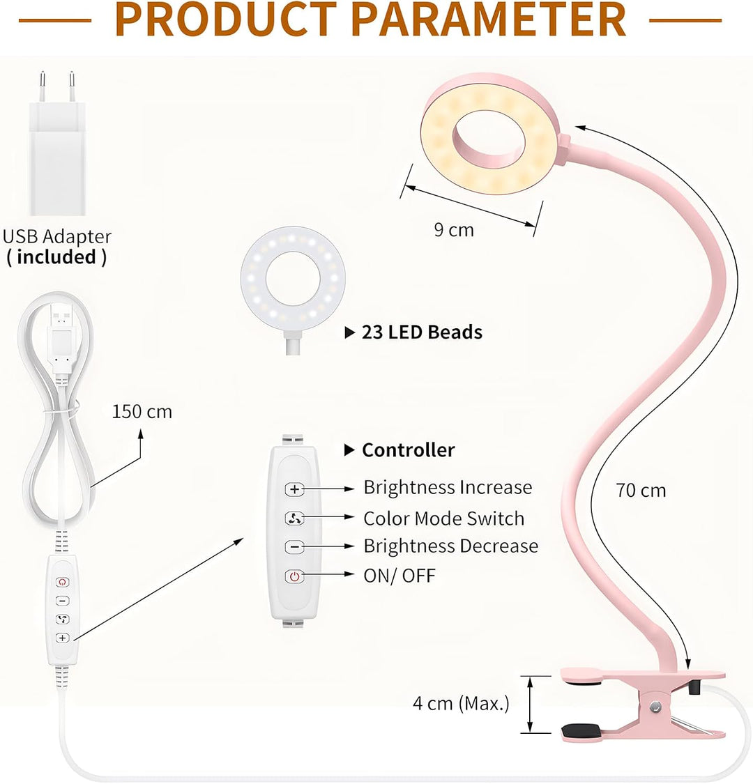 iZELL 23 LED Leselampe Bett Dimmbar -【3 Modi & 10 Helligkeitsstufen】 Augenschutz Klemmlampe mit 70cm