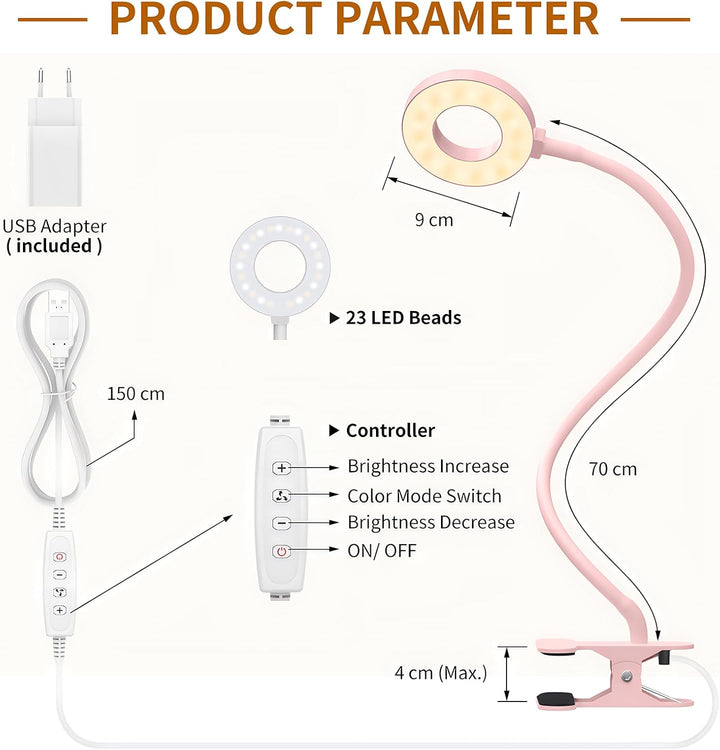 iZELL 23 LED Leselampe Bett Dimmbar -【3 Modi & 10 Helligkeitsstufen】 Augenschutz Klemmlampe mit 70cm