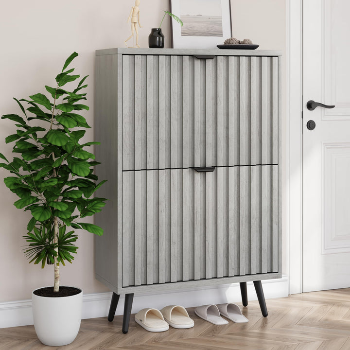 Smuxee Schuhschrank mit 2 Klappfächern, 60 cm Grauer Schuhschrank mit geriffeltem Design, freistehen