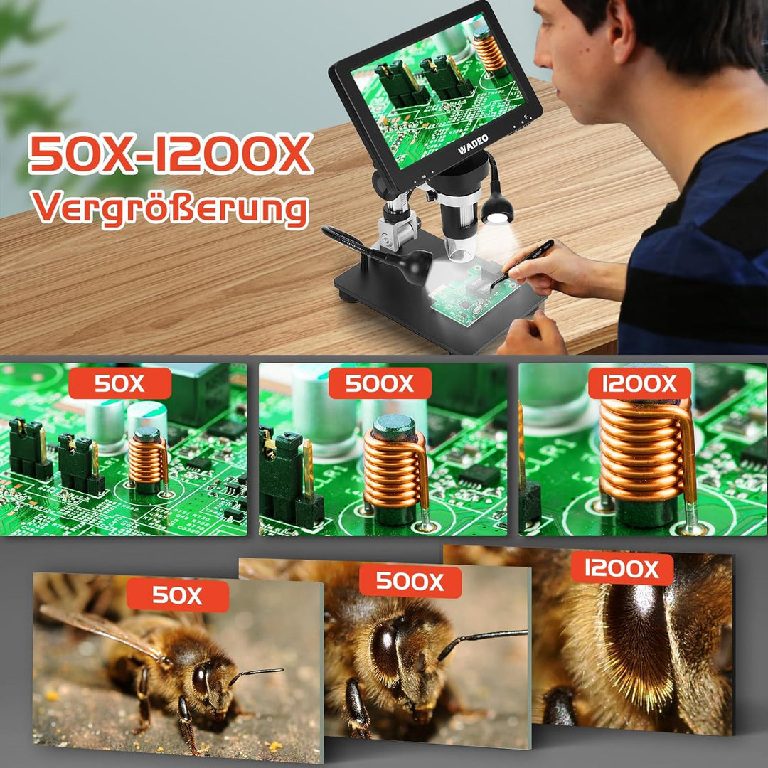 WADEO 7" LCD Digitalmikroskop 1200X, 1080P HDMI Videomikroskop mit Metallständer, LED Fülllichter, U