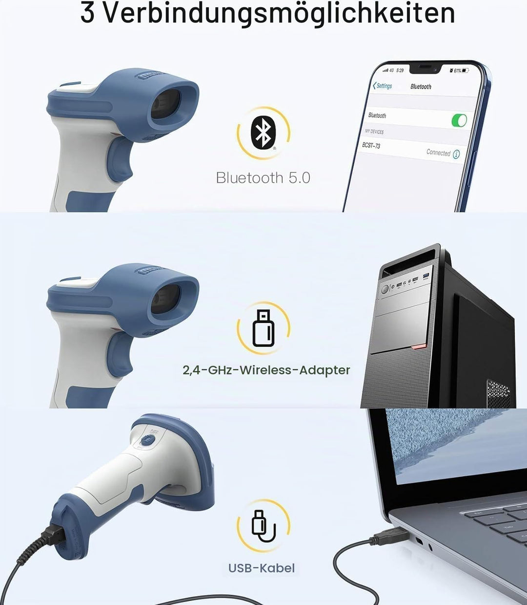 Inateck Wireless Barcode Scanner 2D, Bluetooth 5.0, 2.4Ghz Barcode Reader, QR Code Scanner, liest vo