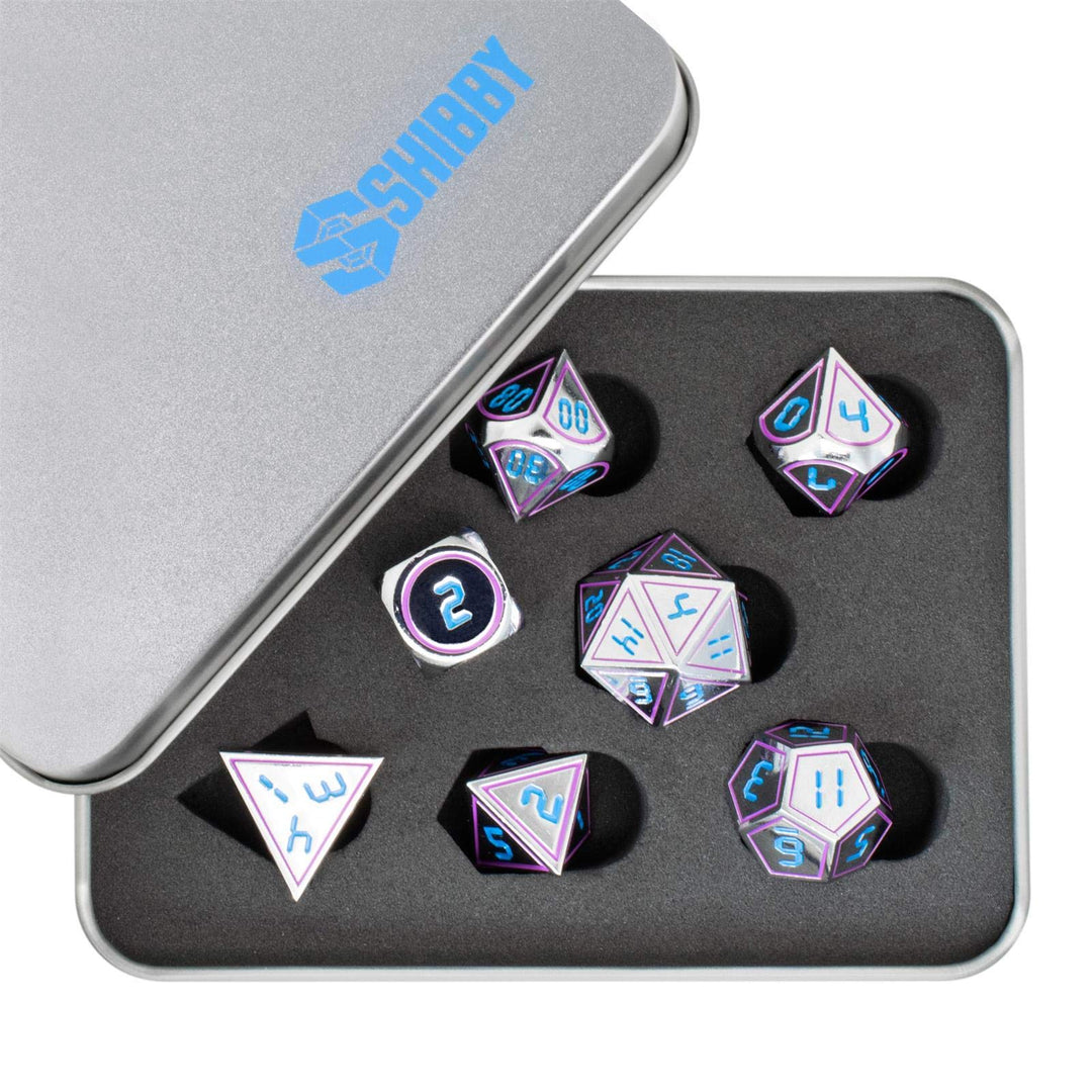 shibby 7 polyedrische Metall-Würfel für Rollen- und Tabletopspiele in Digital Optik D2 inkl. Aufbewa
