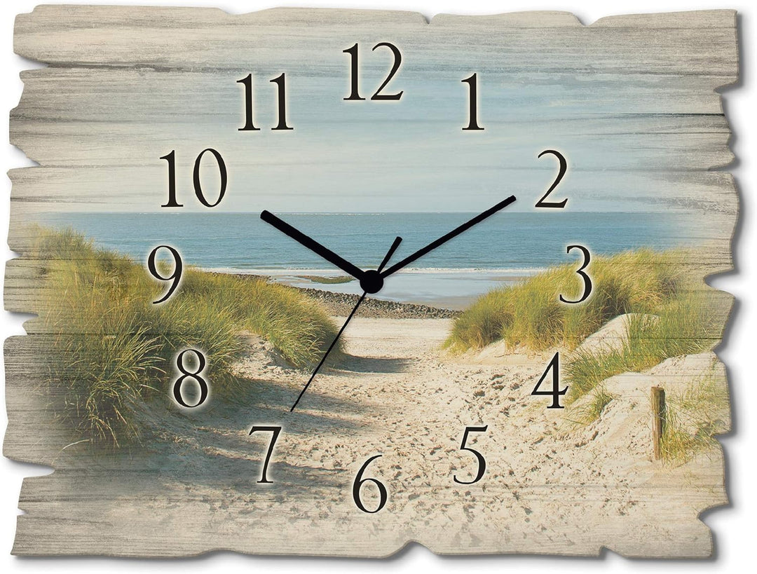 ARTLAND Wanduhr ohne Tickgeräusche aus Holz Quarzuhr 40x30 cm Rechteckig Lautlos Strand Meer Düne No
