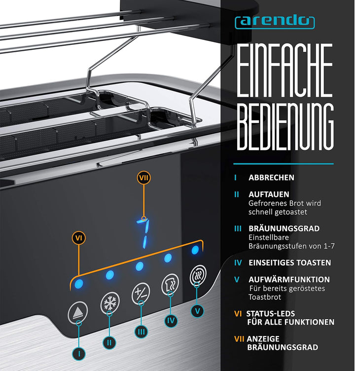 Arendo - Toaster 2 Scheiben Edelstahl - Touchdisplay – mit Brötchenaufsatz - extra breite Schlitze –