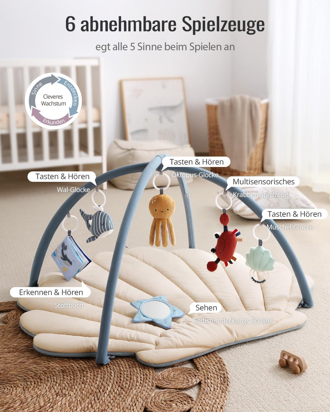 Blissful Diary Spielbogen Baby, Spieldecke Baby Gym Activity Decke mit 6 Abnehmbare Spielzeuge, krab