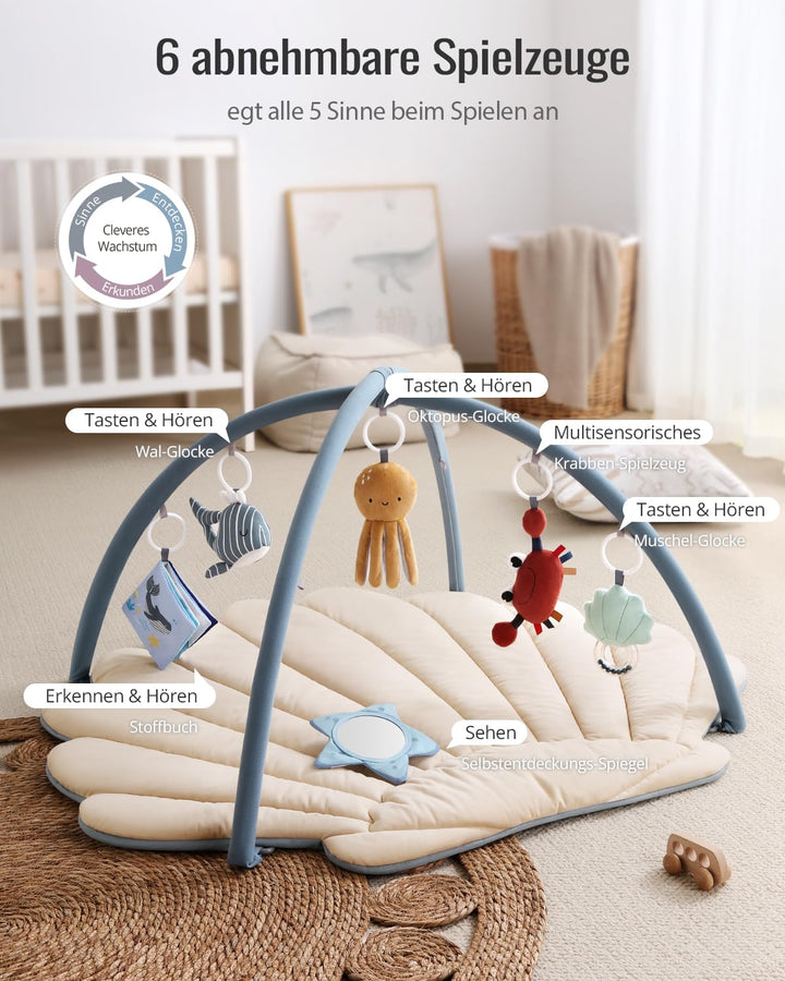 Blissful Diary Spielbogen Baby, Spieldecke Baby Gym Activity Decke mit 6 Abnehmbare Spielzeuge, krab