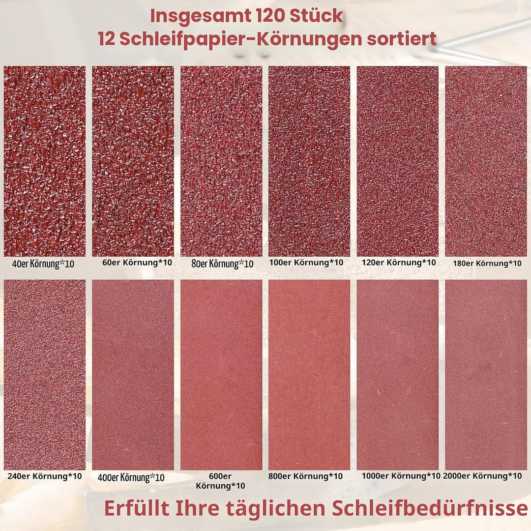 Shineboc 120 Stück Schleifpapier mit 90x30 mm Schleifklotz Set, Mini Schleifwerkzeuge, 40/60/80/100/