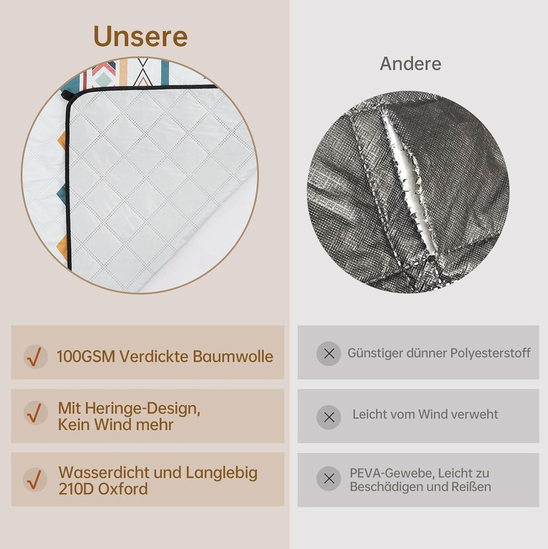 HAUSPROFI Picknickdecke Boho 200x200cm, wasserdicht & isoliert - XXL Outdoor Decke für Picknick, Str