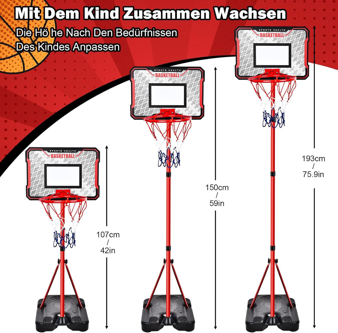 Herenear Basketballkorb für Kinder, Höhenverstellbar 107-193cm, Tragbar Indoor Outdoor, Kinderspielz