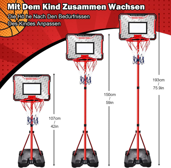 Herenear Basketballkorb für Kinder, Höhenverstellbar 107-193cm, Tragbar Indoor Outdoor, Kinderspielz
