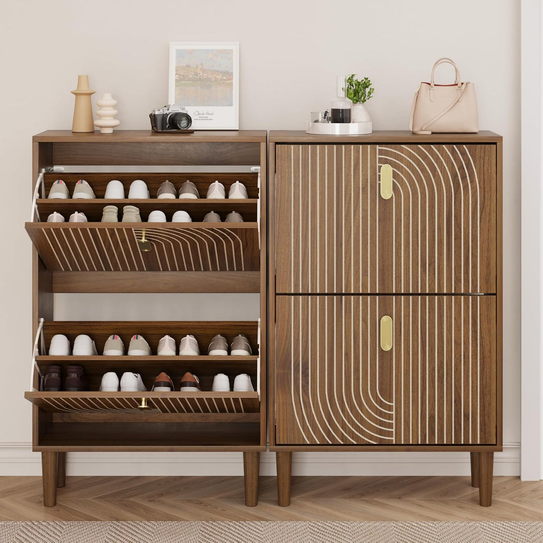 Smuxee Schuhschrank mit 2 Klappfächern, 60 cm Nussbaum Optik Schuhschrank mit Rillendesign, freisteh