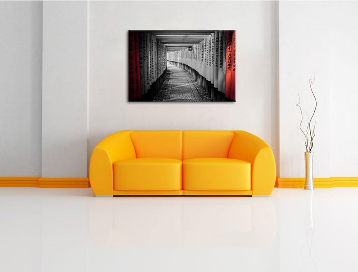 schöner Gebetsgang Japan schwarz/weiss Format: 100x70 auf Leinwand, XXL riesige Bilder fertig gerahm