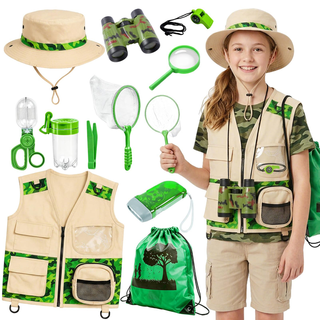 11 Pcs Forscherset für Kinder, Safari Kostüm mit Umfangreichem Zubehör Grün | Safari Kostüm-Set für