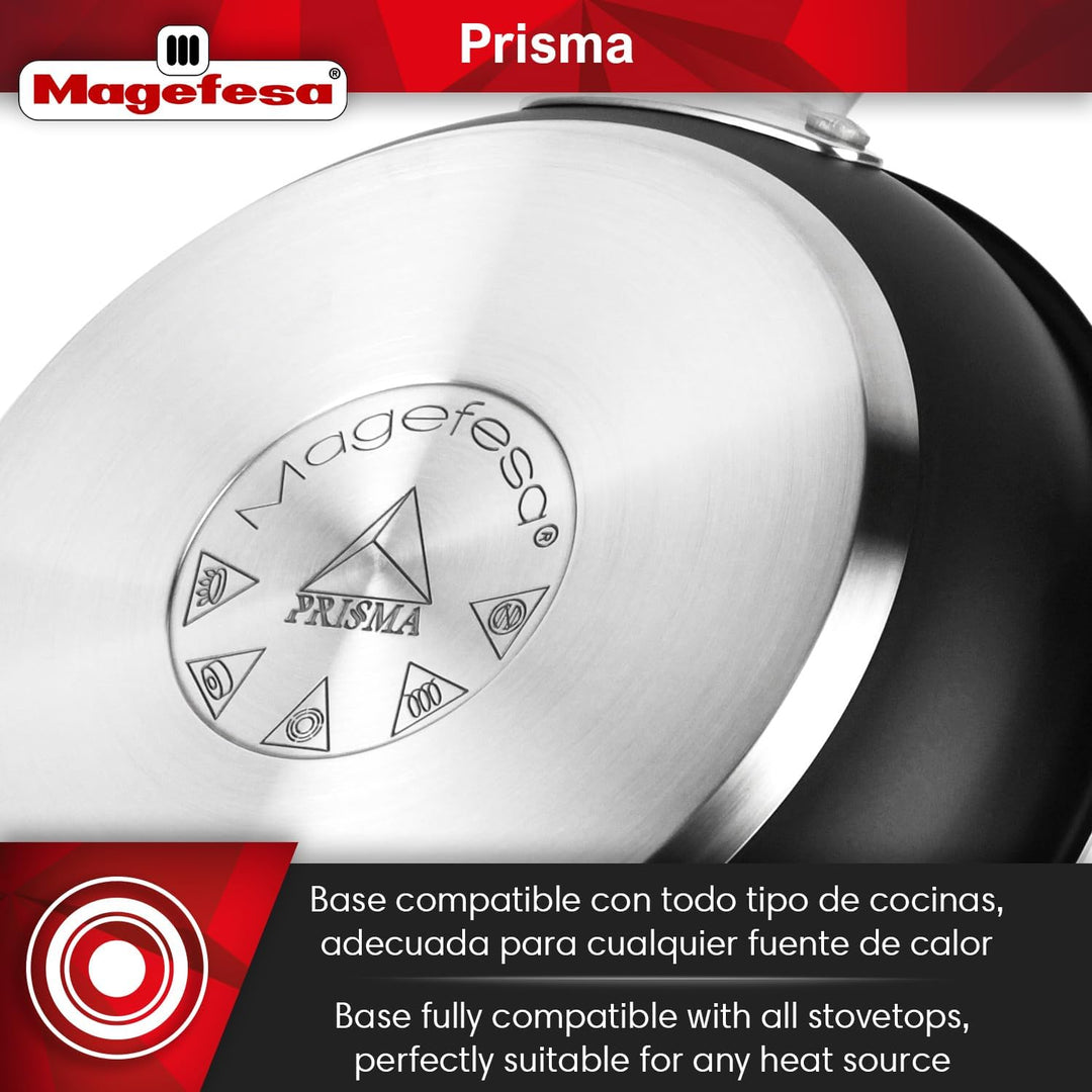 Magefesa Prisma – Pfannenset 24 + 28 cm + Frischhaltedose 24,5 cm, Edelstahl 18/10, Dreifach-Antihaf