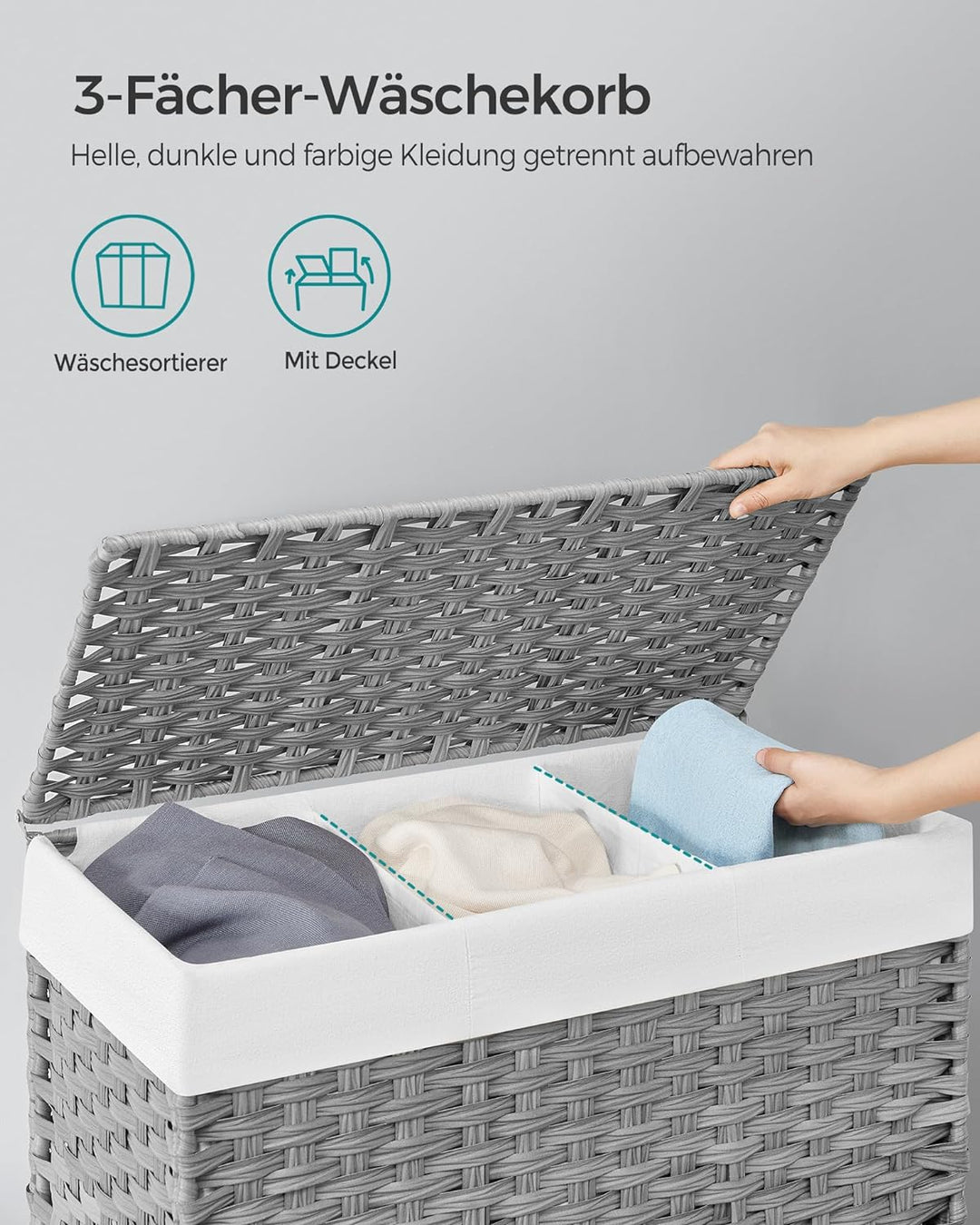 SONGMICS 140L Wäschekorb handgeflochten, Wäschesammler mit Deckel, mit 3 Fächern, faltbar, mit Räder