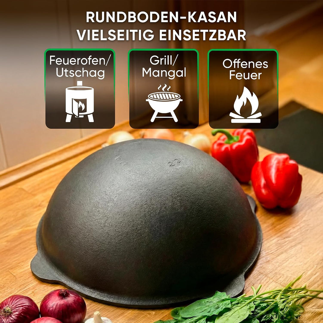 Gusseisen Kasan 10 L, Runder Boden, Untersetzer &amp; Schaumlöffel | Traditioneller Gusseisentopf: Usbek
