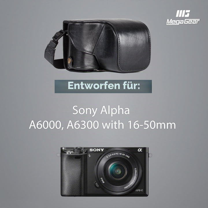 MegaGear Sony Alpha A6300, A6000 (16-50 mm) Ever Ready Echtleder Kamera-Case mit Trageriemen und Bat