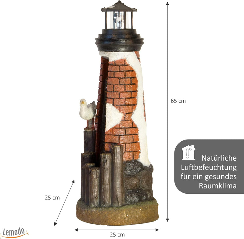 NATIV Gartenbrunnen Leuchtturm mit Möwe | Zierbrunnen mit solarbetriebenem, rotierendem Leuchtfeuer