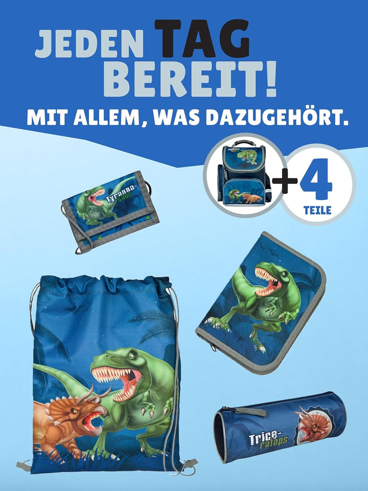 Familando - Schulranzen Set CLOU - 5-teilig mit Federmappe - Dinosaurier - Ergonomisch, Stabil & mit